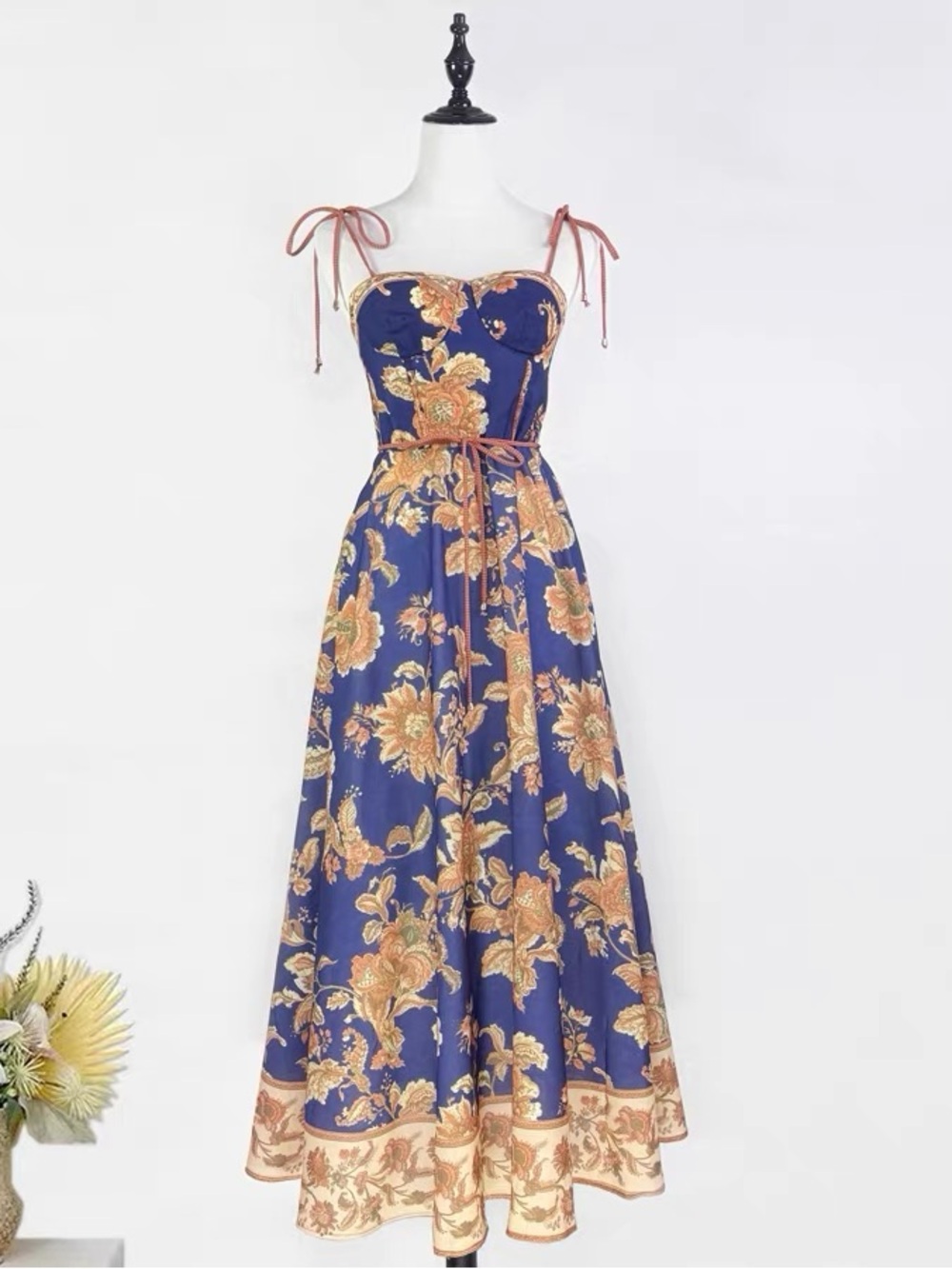 Designer-style Floral Blue Tie‑Strap Maxi Dress
